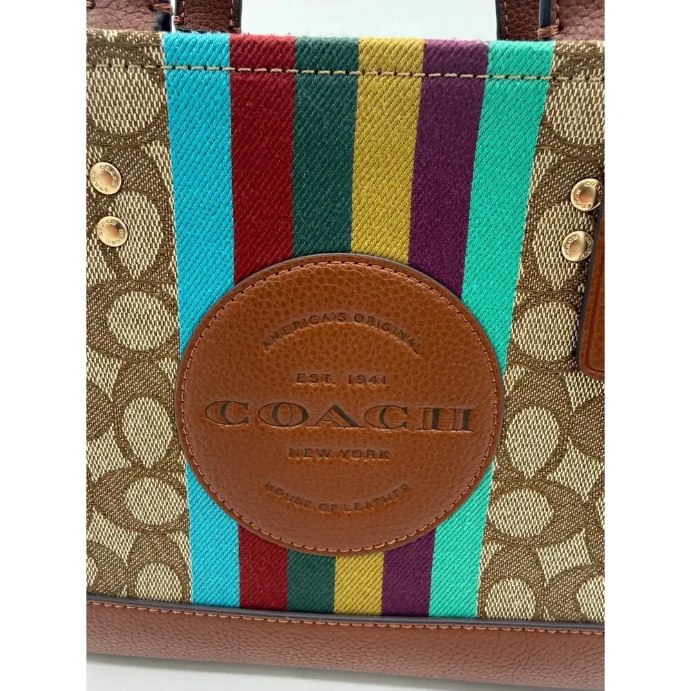 Coach Dempsey Tote 22 Signature Jacquard Canvas Rainbow Stripe Leather Bag C5119